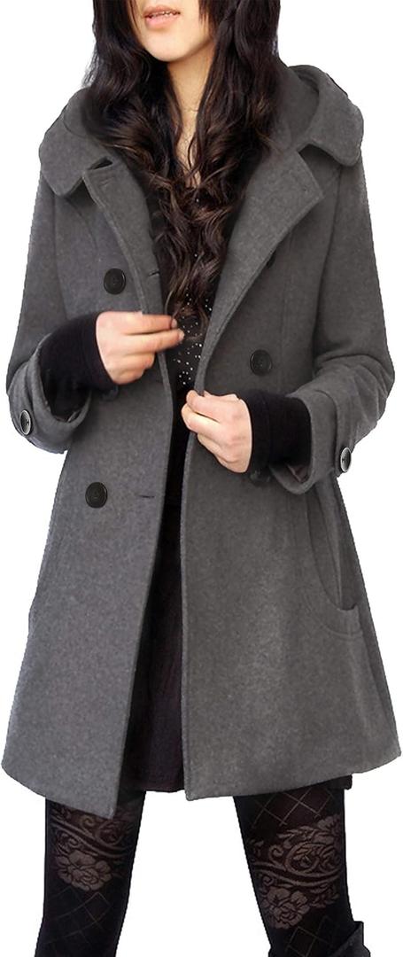 Tanming Women's Warm Double Breasted Wool Pea Coat Trench Coat Jacket with Hood (Medium, Grey)