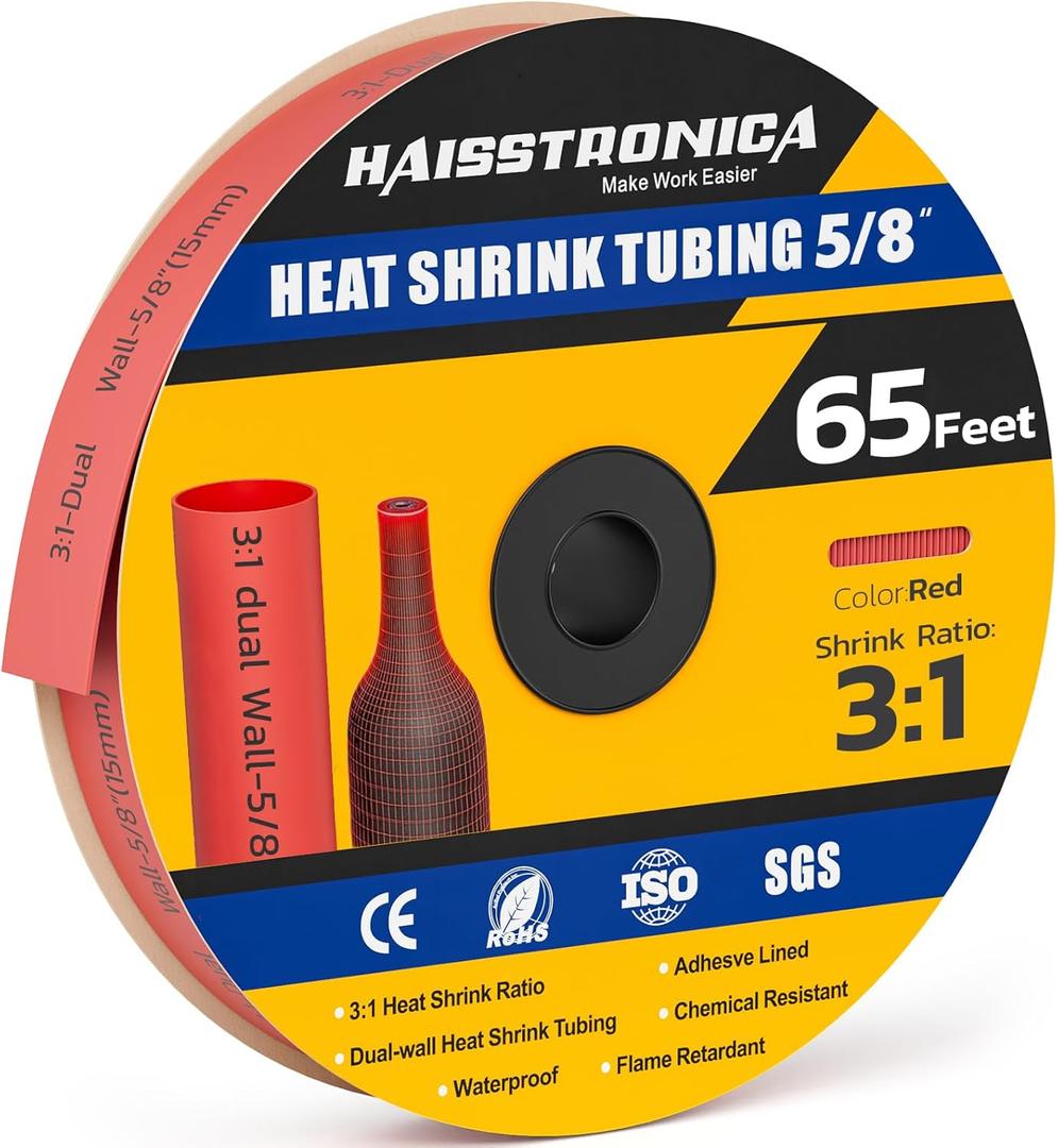 haisstronica 3:1 Heat Shrink Tubing, Shrink Ratio Adhesive Lined Marine Grade Heat Shrink Tube for Home, Automotive and Industrial (Red) 65FT 5/8inch