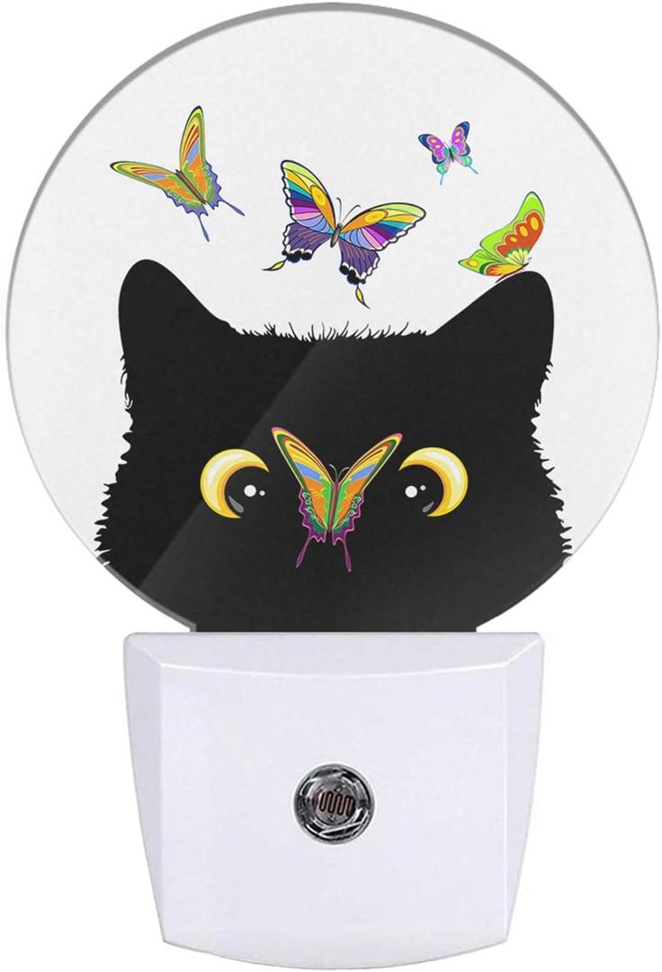 EKOBLA Cat and Butterflies Night Lights Plug into Wall Butterfly on Cat Nose Cute Kitten Plug-in Nightlights with Dusk to Dawn Sensor Led Nightlight for Teens Boys Girls Room (1.14"D x 2.95"W x 4.95"H, Spring Butterfly Flowers)
