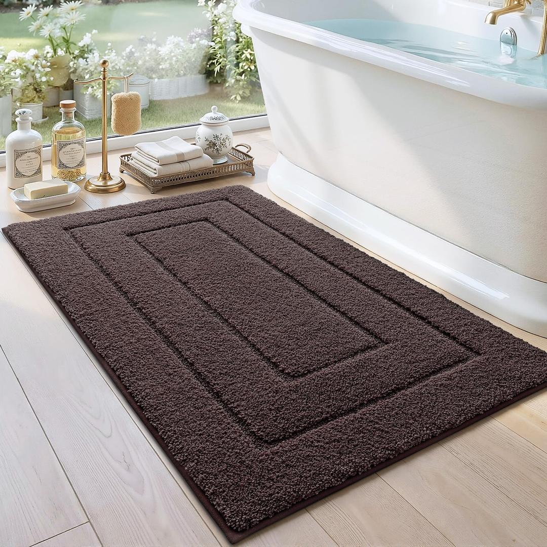 DEXI Bathroom Rug 43x24, Non Slip Washable Bath Mat for Shower Floor, Extra Large Absorbent Soft Bathmat with Rubber Backing, Quick Dry Microfiber Carpet, Brown