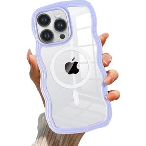 QLTYPRI Magnetic for iPhone 14 Pro Case Compatible with Magsafe, Cute Curly Wave Frame Clear Case for Girls Women,Transparent TPU Bumper Shockproof Protective Phone Cover for iPhone 14 Pro - Purple