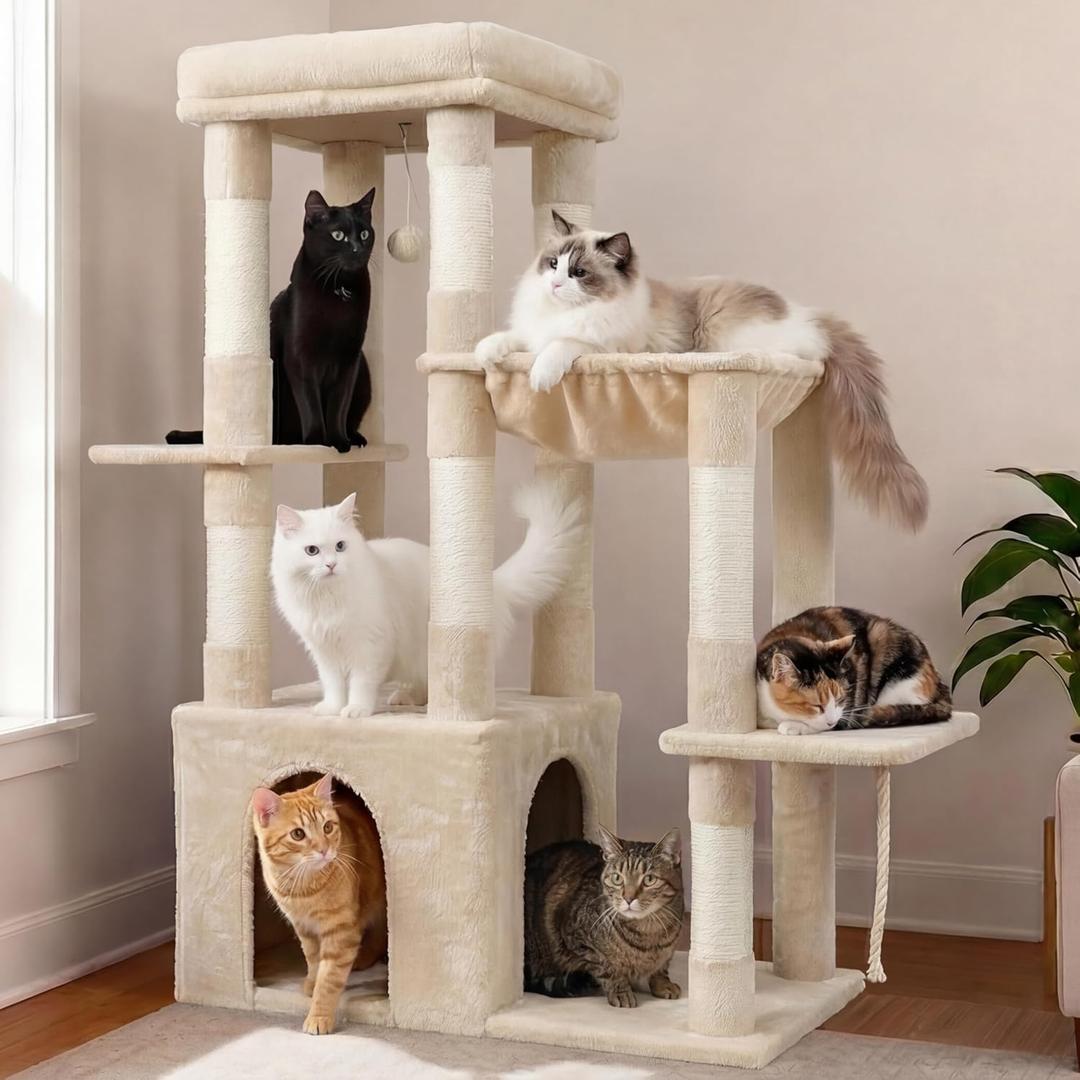 Heybly Heavy Duty Cat Tree, Tower for Indoor Cats Large Adult, Tall Cat Condo House with Extra-Large Baseboard, Multi-Level Plush Furniture with Scratching Posts, Hammock,Toy Balls, Beige HCT026M