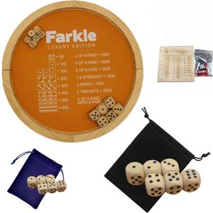 Farkle Dice Tray, Farkle Classic Dice Game with 17.7" Collapsible Wooden Tray and 6 Large 6 Small Wooden Pearl Dice and a Scoreboard Set, Classic Home Game Stand (17.7-inch Bundle)