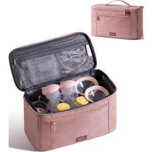 NCVI Breast Pump Storage Bag for Pumps and Extra Parts, Large Capacity Portable Pump Carrying Case with Handle, Waterproof Lining and Multiple Compartments, Perfect for Working & Nursing Moms, Pink