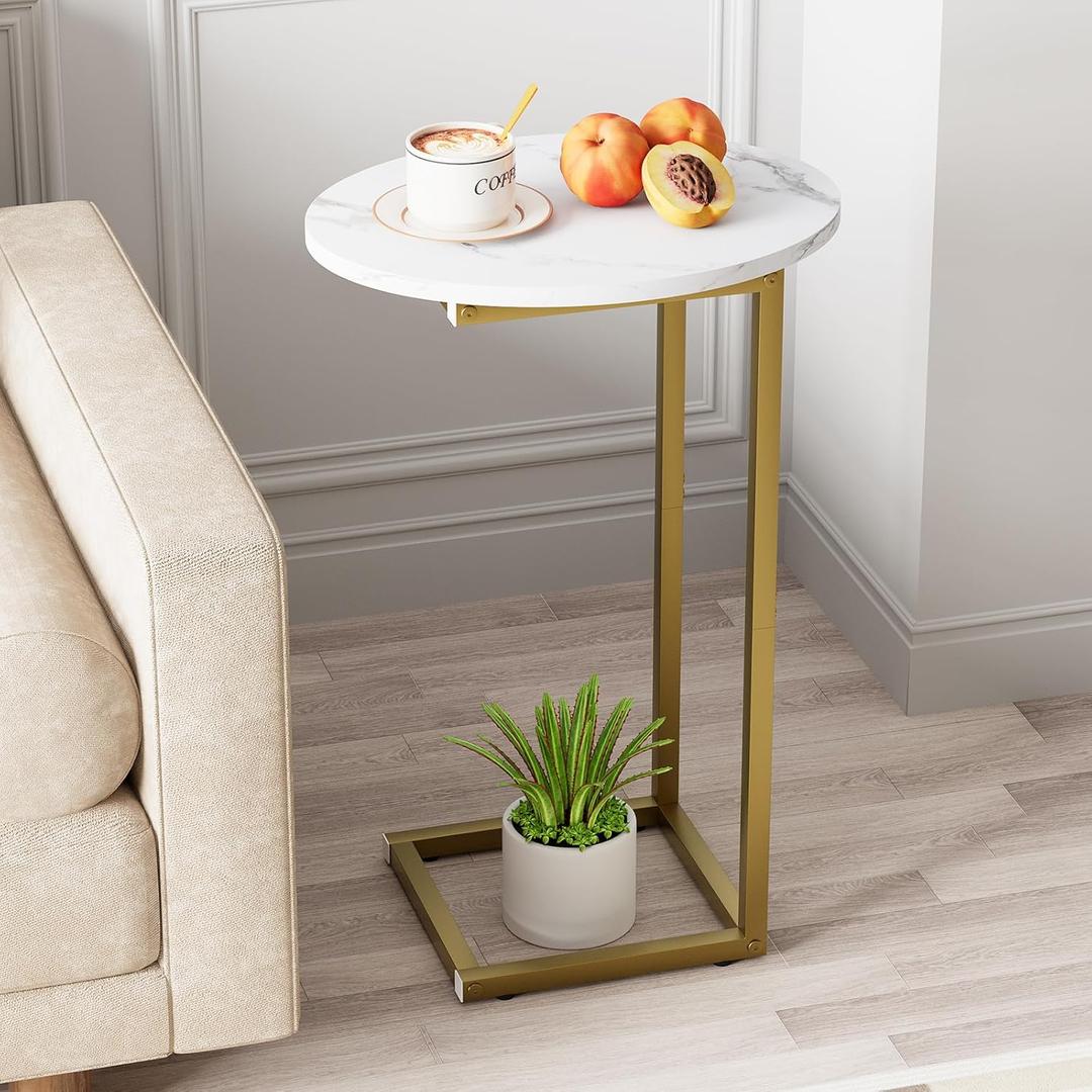 C Shaped End Table, Oval Couch Side Tables for Living Room, Sofa End Table with Metal Frame, Small Wooden Snack Table for Bedroom, Small Spaces, Easy Assembly, Gold (White Marble+gold)