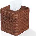 Rattan Square Tissue Box Cover, 5.7" x 5.7" x 5", Decorative Woven Facial Tissue Holder with Hinged Top Lid, Brown
