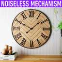 Large Wall Clock 24" Round - Silent Metal & Wood Large Farmhouse Wall Clock For Living Room Decor with 3D Roman Numerals - No Ticking - Noiseless Big Wood Decorative Clocks for Living Room Decor