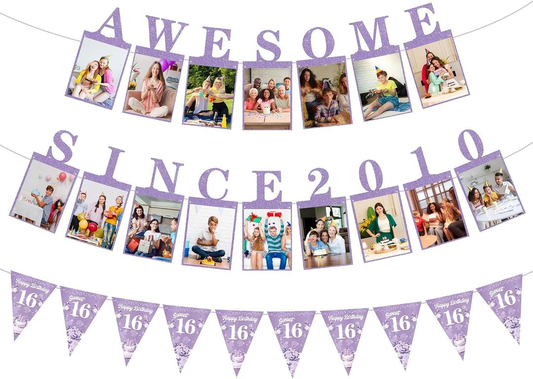 Awesome Since 2010 Photo Banner - Pre Strung Purple Glitter Sweet 16th Birthday Decorations with Banner Pennant for Girls, Happy 16th Party Supplies for Birthday Anniversary