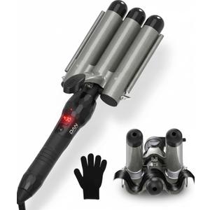 Three Barrel Curling Iron 1 Inch with LED Display, 15 Heat Settings 180-430F, Tourmaline Ceramic Triple Hair Waver for Beach Waves, Dual Voltage 110-240V, Auto Shut-Off, Glove Included, Gray