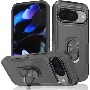 for Pixel 9 Case: 2 in 1 Shockproof Phone Cover with 360° Rotatable Kickstand Ring - Heavy Duty Drop-Proof Phone Case for Pixel 9 6.3" - Black