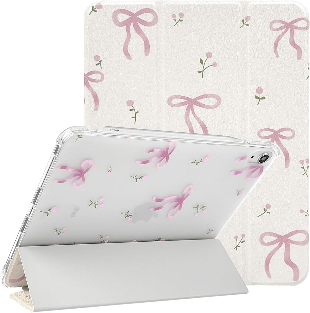 Lovmooful Compatible for iPad Air 6th 11-inch M2 (2024),iPad Air 5/4 (2022/2020 5th/4th Generation 10.9-Inch) Case with Pencil Holder Cute Bowknot Flower Soft TPU Trifold Stand Protective-White&Pink