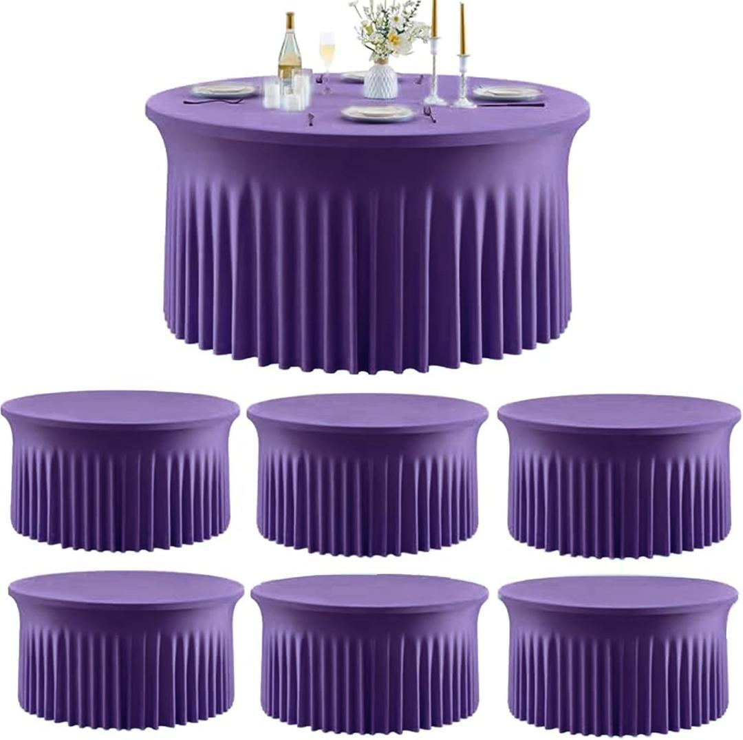 Outpain 6 Pack Purple Spandex Tablecloth for 72in/6FT Round Tables,Stretchy 132inch Fitted Round Table Cloths, Wrinkle Free Tablecloth with Skirt for Wedding, Graduation & Banquet