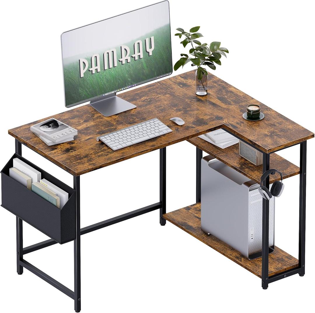 Pamray 40 Inch L Shaped Computer Desk with Reversible Side Storage Shelves, Small Corner Desk for Small Space Home Office, Writing Study Table PC Desk for Bedroom, Vintage