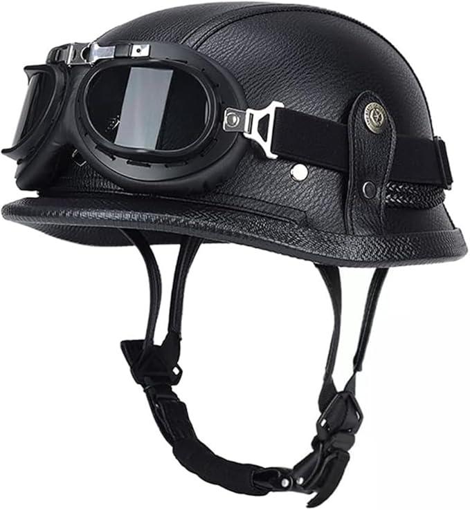 German Style Motorcycle Helmet, Retro Leather Motorcycle Half Helmet Skull Cap for Adult Men Women, Vintage Open Face Half Shell Helmet for Cruiser Scooter Chopper, DOT Approved XL