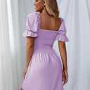 WDIRARA Women's Square Neck Flounce Short Sleeve Shirred Ruffle Hem Dress, Medium, Purple