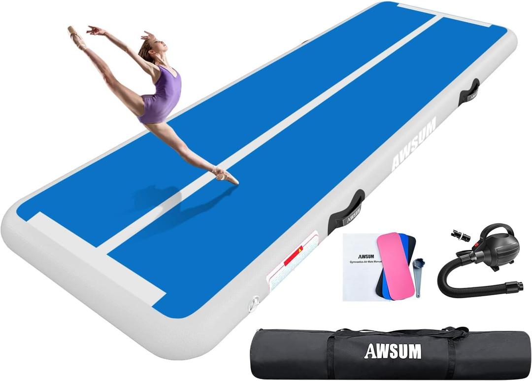 AWSUM Inflatable Air Gymnastics Mat 10ft/13ft/16ft/20ft/23ft Training mat 4/8 inches Thick tumbling mat with Electric Pump for Home/Gym/Outdoor (Blue/White)