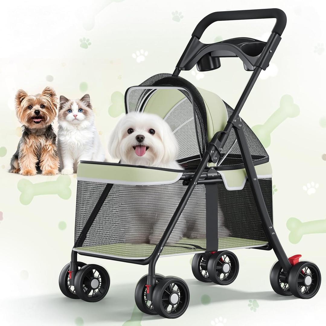 GTPLAYER Foldable Pet Stroller for Small Dogs and Cats, Holds Up to 33 lb, 4 Wheel, Full Mesh Ultra Breathable, Safety Tethers, Cup Holder & Poop Bags Included, Soft Green