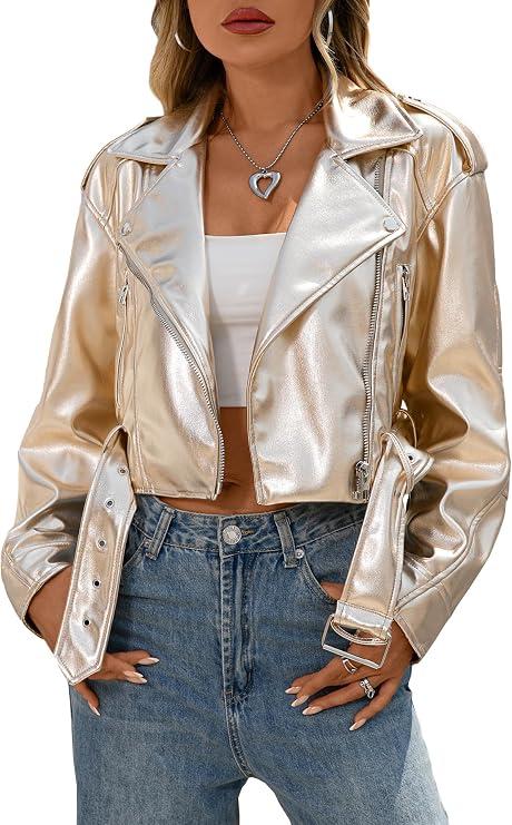 LY VAREY LIN Women Faux Leather Cropped Jacket Vegan Motor Biker Coat with Belt, Size Medium