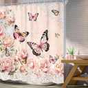 Pink Floral Butterfly Shower Curtain, Rustic Rose Gold Peony Flower Butterfly Shower Curtain for Bathroom, 60Wx72L Inch Vintage Pretty Woman Bathroom Set Bathtub Bath Accessories Home Decor