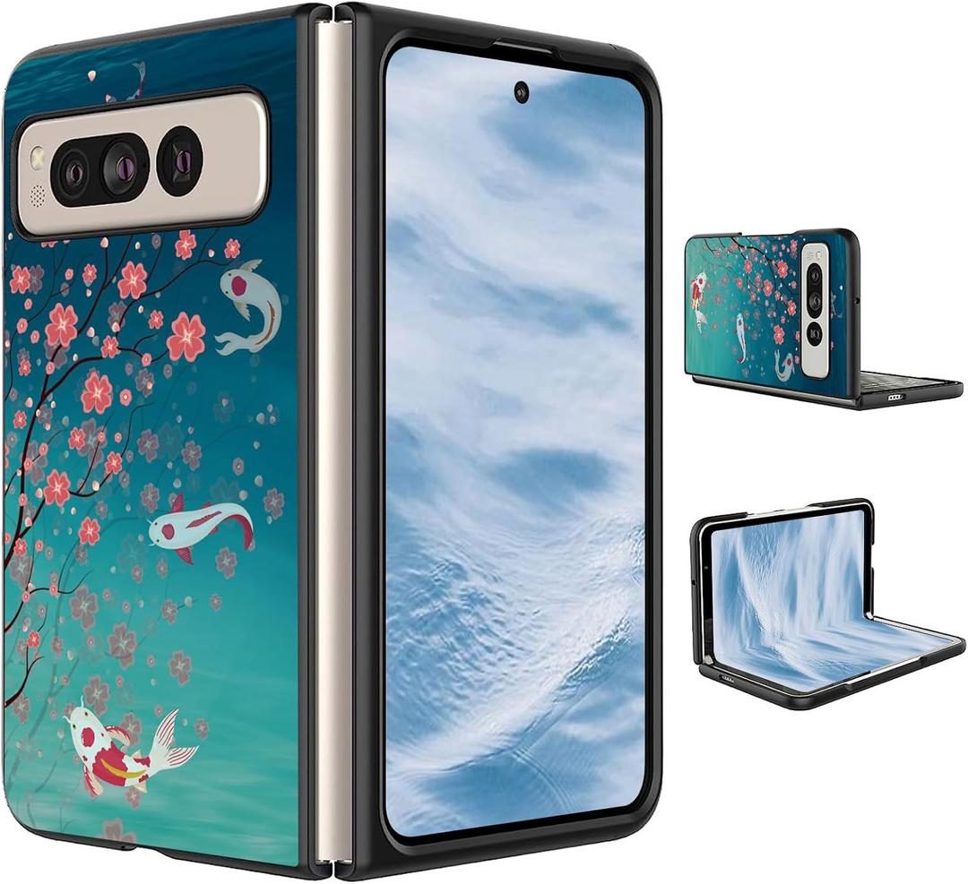 for Google Pixel Fold Case 2023 Slim Lightweight Hard PC Shook Proof Protective Phone Case Cover for Google Pixel Fold 5G - Cherry Blossom and Fish