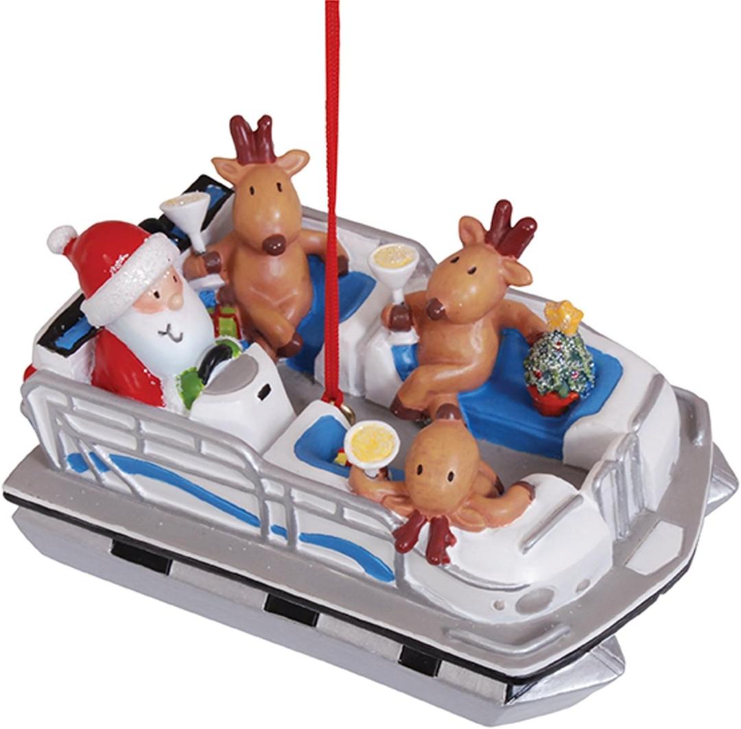 Cape Shore Santa and Reindeer in Pontoon Party Boat Christmas Tree Holiday Ornament Decoration