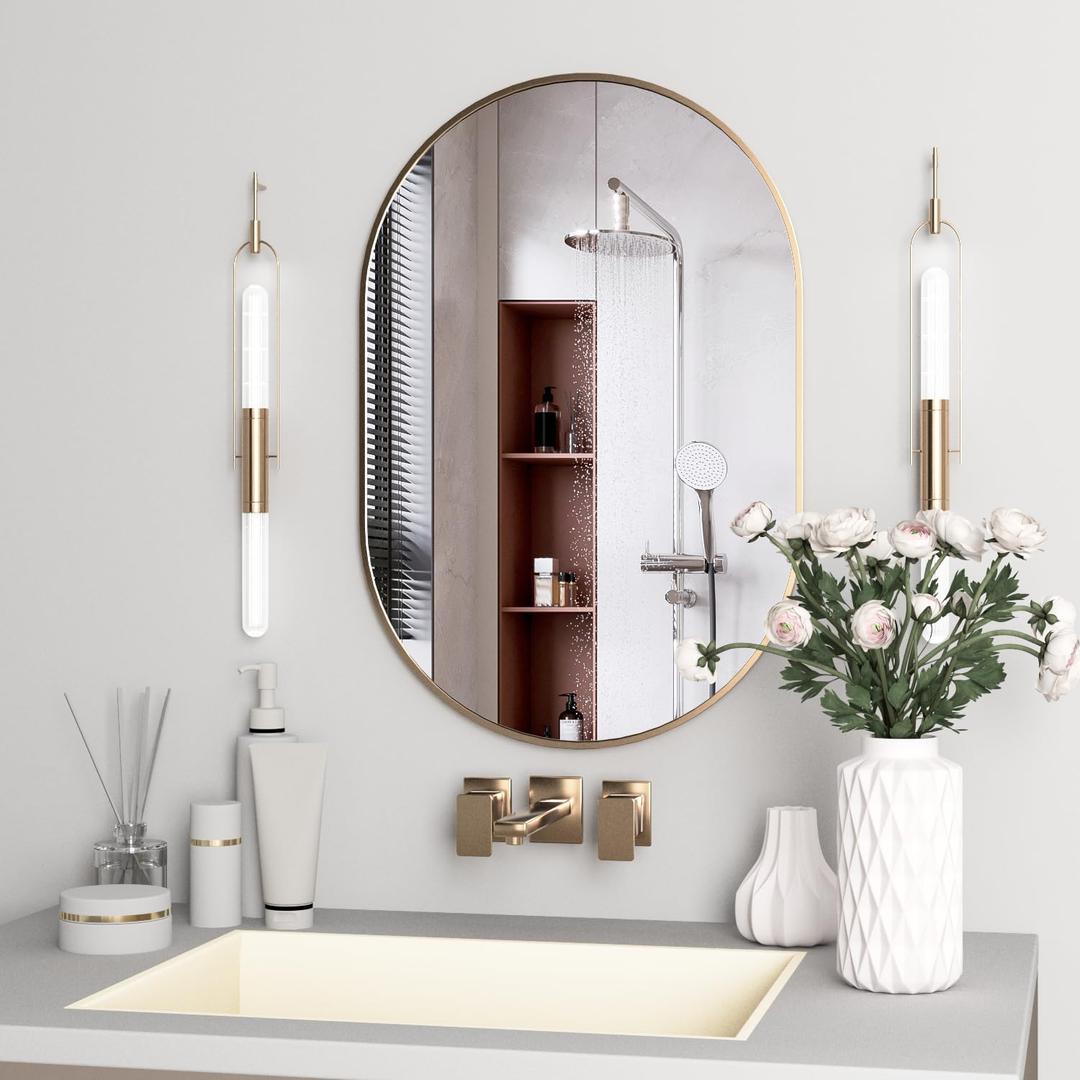 Oval Bathroom Mirror Capsule Wall Vanity Mirror, 24"x36" Pill Mirrors Wall Mounted Mirror, Large Modern Mirror with Gold Metal Frame, Decor for Entryway, Bedroom