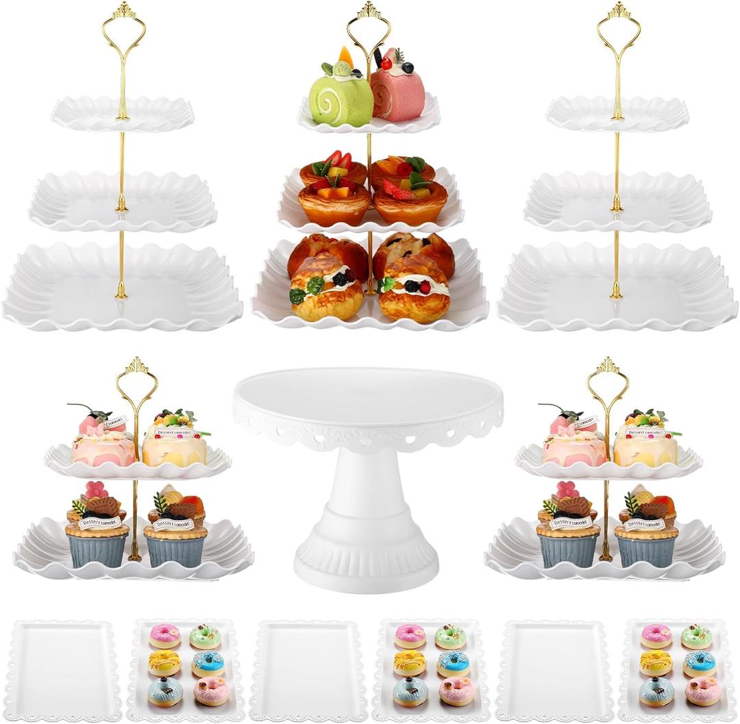 12 Pcs Dessert Table Display Stand Set Include 5 Square Cupcake Stand Holder Tier Tower 1 Cake Holder 6 Rectangular Serving Tray Combo for Party Birthday Baby Shower Wedding (White,Gold)