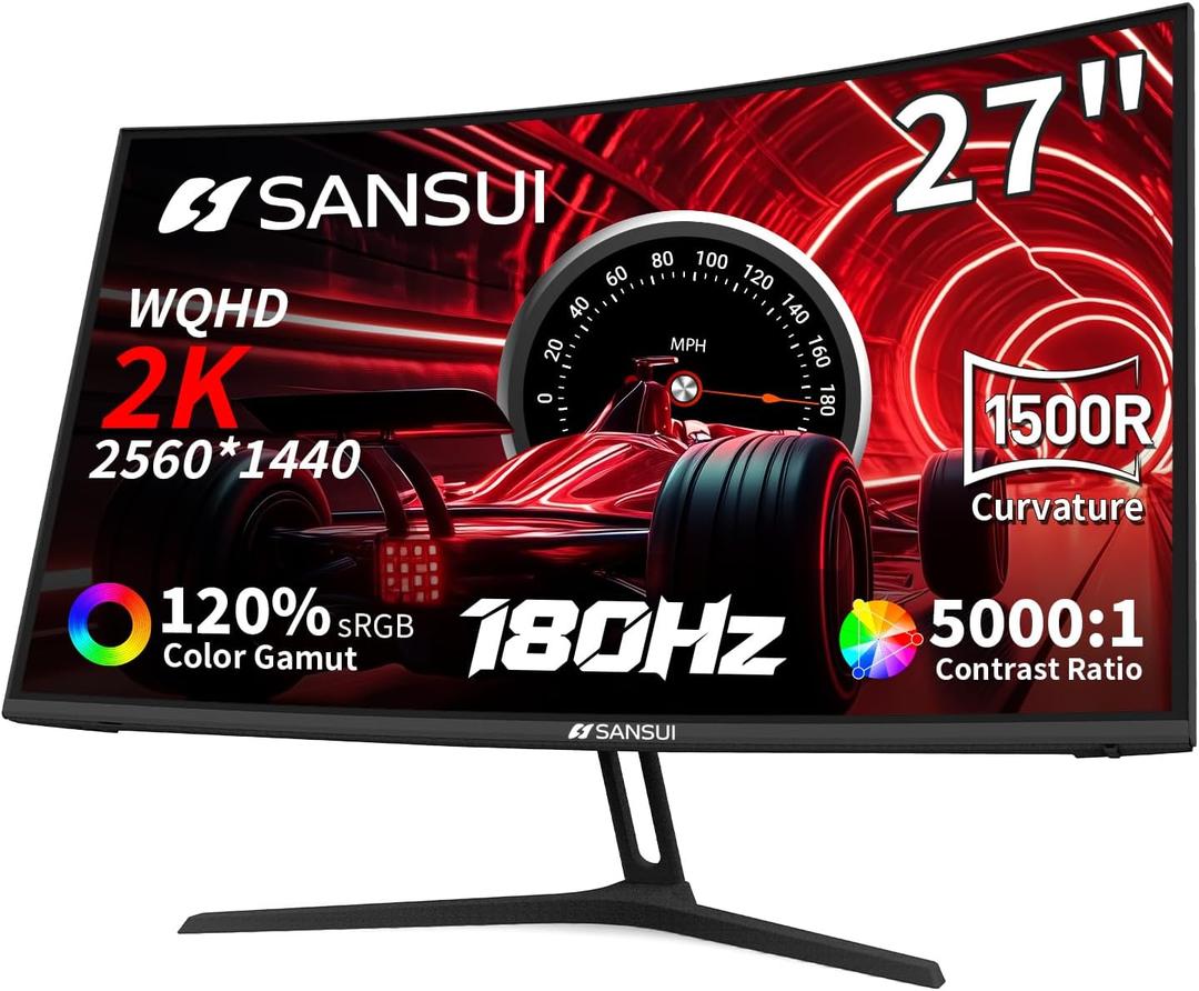 SANSUI 27 Inch WQHD 2560X1440 Curved Gaming Monitor, 180Hz MPRT 1ms Computer Monitor,HDMI2.0 * 2, DP1.2 * 2, Freesync, Curved 1500R, 5000:1 Contrast Ratio, 120% sRGB,HDR(ES-G27C1Q DP Cable Included) (Black)