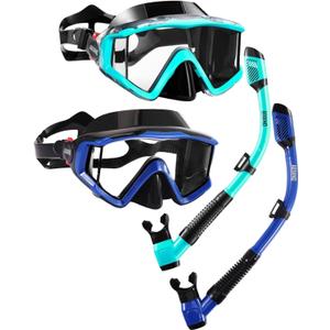 Aegend Snorkeling Gear for Adults Youth Kids, Snorkel Mask with Top Dry Valve - Panoramic View Anti-Leak and Anti-Fog with Mesh Bag for Snorkeling, Scuba Diving, Freediving & Swimming (2 PACK - Green & Deep Blue)