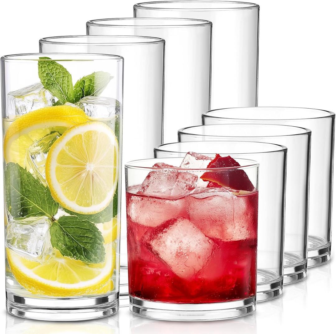 Plastic Drinking Glasses Set of 8, 14oz Rocks & 20oz Water Cups, Unbreakable Plastic Glasses Drinkware, Clear Kitchen Tumblers for Home & Outdoors, Reusable , BPA-Free, Top-Rack Dishwasher Safe