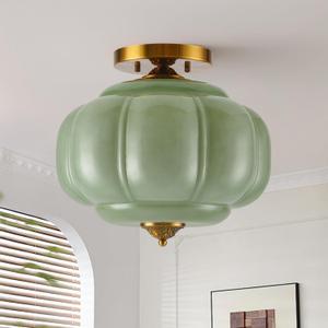 15in Green Glass Light Fixture Semi Flush Mounted, Bulb Included