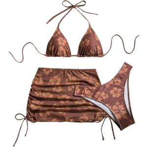 Women's 3 Piece Bikini Sets Floral Triangle Thong Bikini High Cut Swimsuit String Bathing Suit with Cover Up Skirt (Medium, Brown)