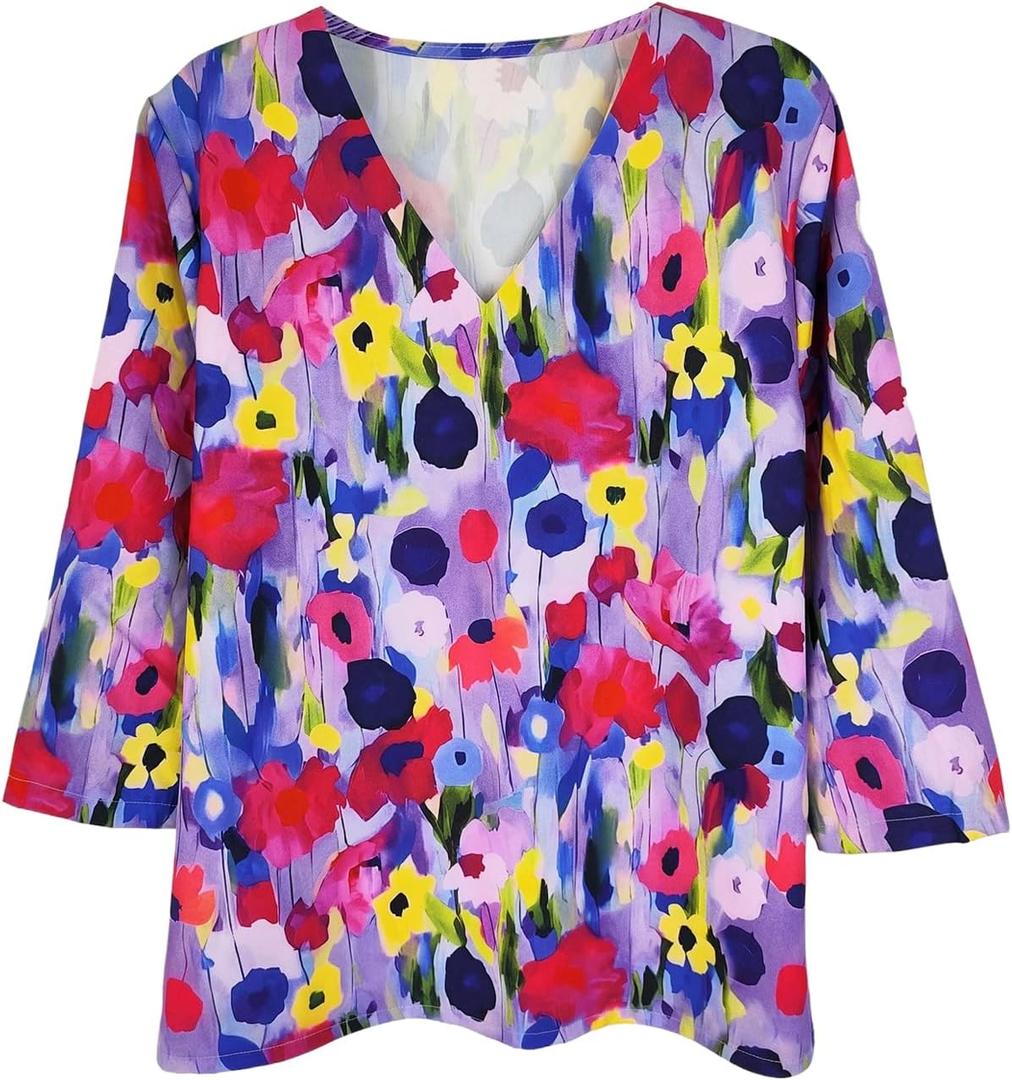 SOLY HUX Women's Floral Print Blouses V Neck 3/4 Sleeve Casual Summer Boho Tops (Blue, XL)