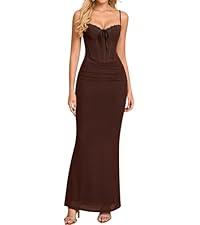 KUTUMAI Vintage Lace Corset Floral Maxi Long Dress Bodycon Ruched Tie Formal Wedding Guest Dresses for Women Elegant Brown XL