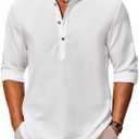 COOFANDY Men's Casual Henley Shirts Long Sleeve Band Collar Lightweight Beach Shirts Summer T-Shirts (White, S)