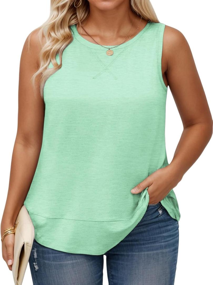 ROSRISS Plus Size Tank Tops for Women Summer Sleeveless T Shirts Loose Fit Crew Neck Tees Flowy Curved Hem Blouses XL-5XL (05_mint Green)