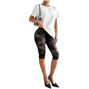 RoseSeek Women's Lace See Through Capri Pants Elastic High Waisted Skinny Leggings Cropped Trousers M