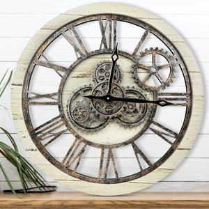 B-Style 24 Inch Large Wall Clock with Moving Gears Oversized Vintage Farmhouse Wall Clock for Living Room Decor Rustic Industrial Wood Clock Desert Beige