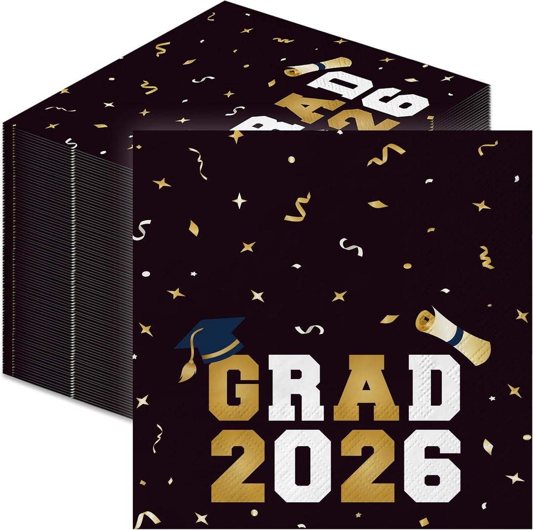 2 x Graduation Napkins 2026 | 5X5" 100PCS Class of 2026 Beverage Napkins | Black Congrats Grad Cocktail Napkins for Commencement Party Decorations, High School & College Graduation Party Supplies