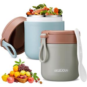 Bokon 2 Pcs 14. 5 oz Portable Insulated Food Jar with Folding Spoon for Hot and Cold Food Stainless Steel Width Mouth Leak Proof Vacuum Thermal Lunch Box for Adult Office Soup Salad Fruit(Green, Blue)