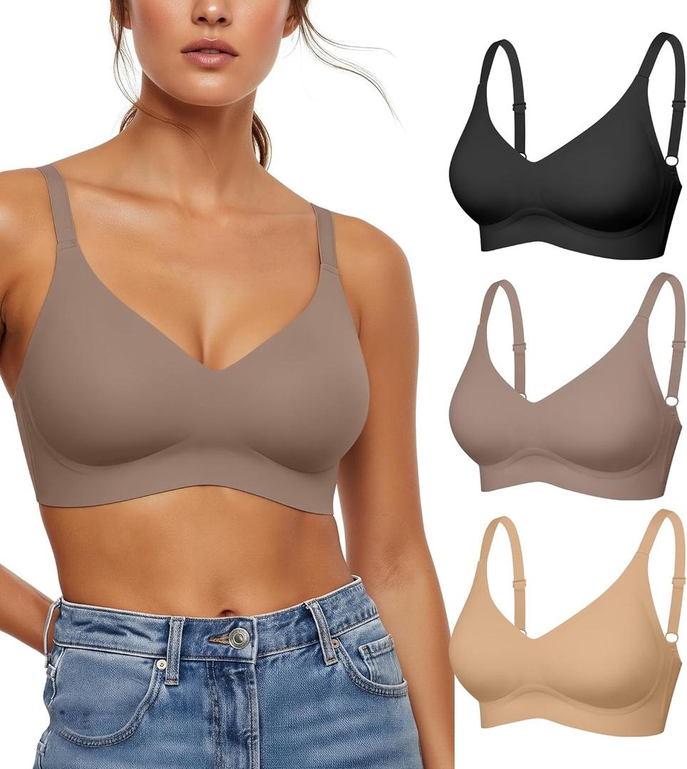 Womens Seamless Bras No Underwire Push Up Bras Scalloped V Neck Padded Bra Wireless Bralette Basic Everyday Bra Multiple Pack (X-Large, Black,skin,gray-3pack)