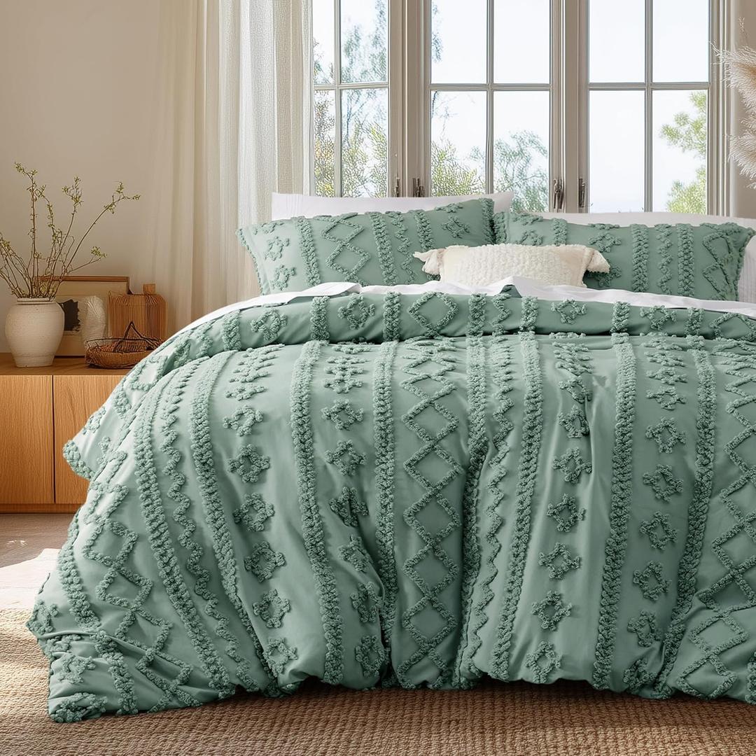 Bedsure Boho Duvet Cover King Size, Soft & Comfortable Elegant Design Boho Bedding for Decoration, Machine Washable Comforter Cover for All Seasons,Includes 1 Duvet Cover & 2 Pillow Shams,Sage Green