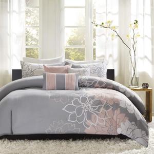 Madison Park Lola 100% Cotton Duvet Set Beautiful Floral Pattern, Ruffle Border Design All Season, Breathable Comforter Cover Bedding, Matching Shams, King/Cal King(104"x92"), Aqua/Grey 6 Piece