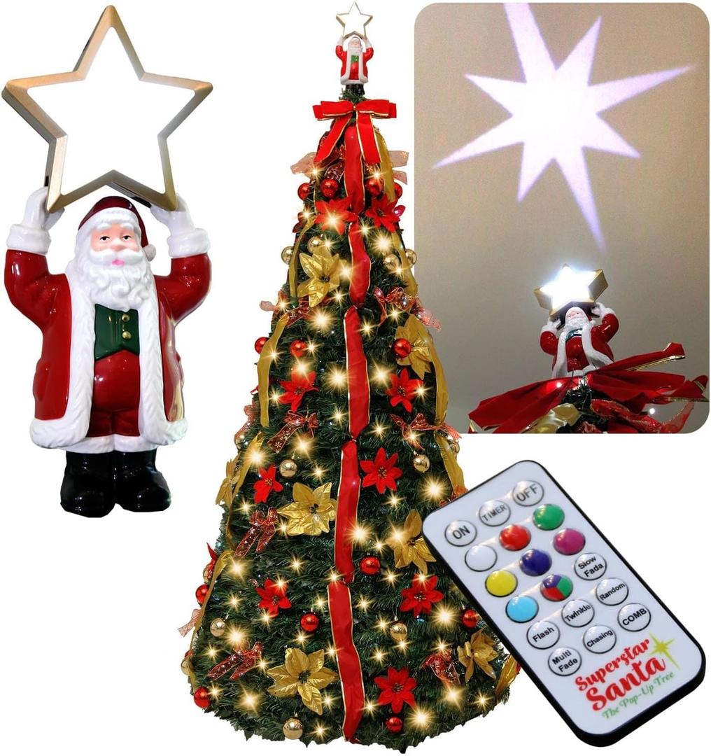 Superstar Santa Pop-Up Christmas Tree, 7FT, Pre-Lit w/ 200 LED Lights, AS SEEN ON TV, Santa Projects North Star, Opens Instantly, Fully Decorated, 7 Colors, 32 Modes w/Remote, Stores Flat