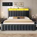 YITAHOME King Size Bed Frame with 4 Storage Drawers and RGB LED Lights, Velvet Upholstered Platform Bed with Charging Station and Bookcase Storage Headboard, No Box Spring Needed, Easy Assembly, Grey