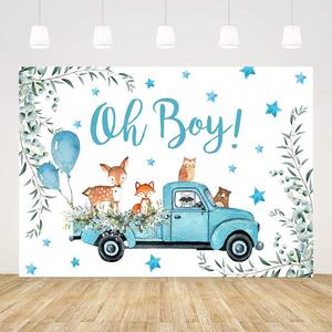 7x5ft Boy Baby Shower Woodland Theme Party Backdrop Oh Boy Blue Truck Balloons Green Leaves Cute Sika Deer Owl Fox Bear Photo Background Gender Reveal Party Decorations Props