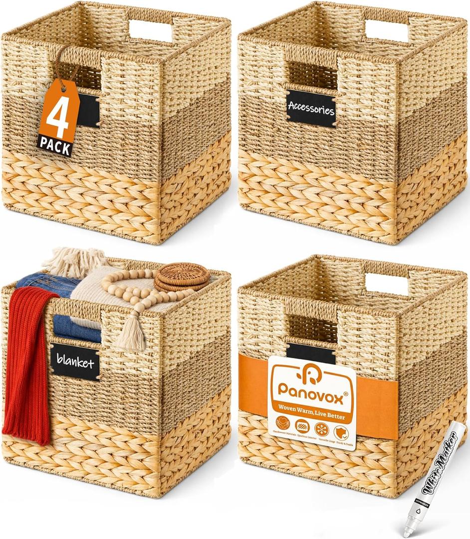 Storage Basket, 13x13x13 Inch Storage Cubes, Water Hyacinth Wicker Basket for Storage, Handmade Woven Baskets for Organizing, Set of 4 Wicker Storage Baskets for Shelves