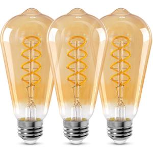 ST64 LED E26 Vintage Edison Light Bulbs, Amber Glass, Dimmable, 4W(40W Equivalent) 300 Lumens, 2200K Ultra Warm White, Spiral Filaments Design, Antique Style, 25000 Hrs, 3-Pack