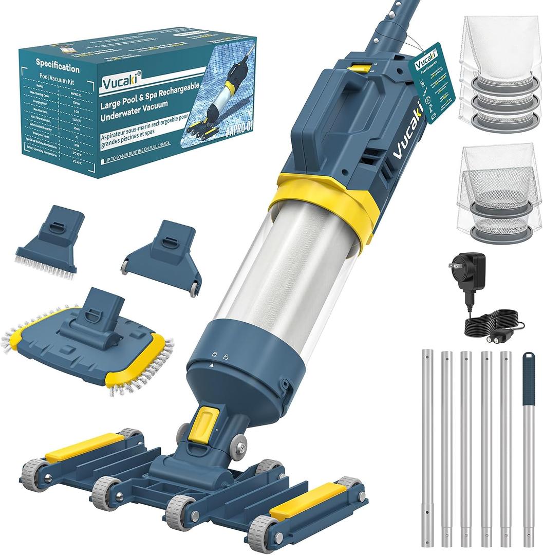 Vucaki 5-in-1 Cordless Pool Vacuum with 14" 8-Wheel Vacuum Head,10.8FT Telescopic Pole, 18.9GPM Suction, 70Min Runtime, IPX8 Waterproof, Pool Vacuum Cleaner for Inground & Above Ground Pools and Spas