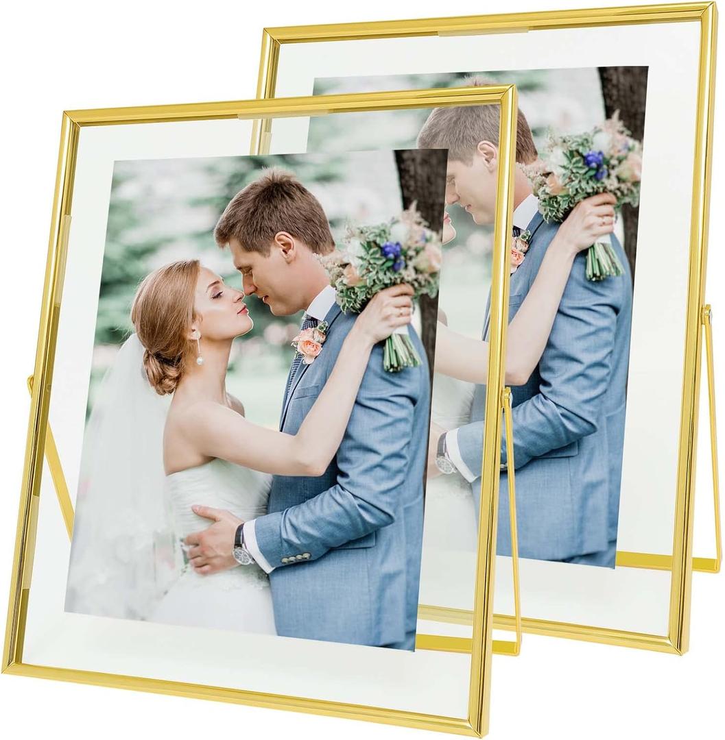 Qiannhee Gold 8x10 Floating Frames Set of 2, Double Glass Desktop Picture Frames, Holds Multiple Photo Sizes, Photo Frame with Metal Stand